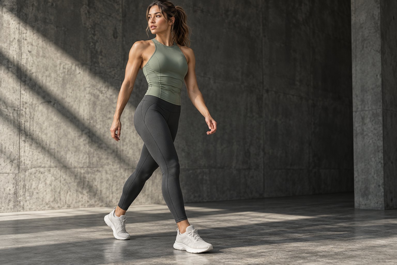 Imagem conceitual de campanha de moda fitness com modelo adulta em conjunto verde e grafite