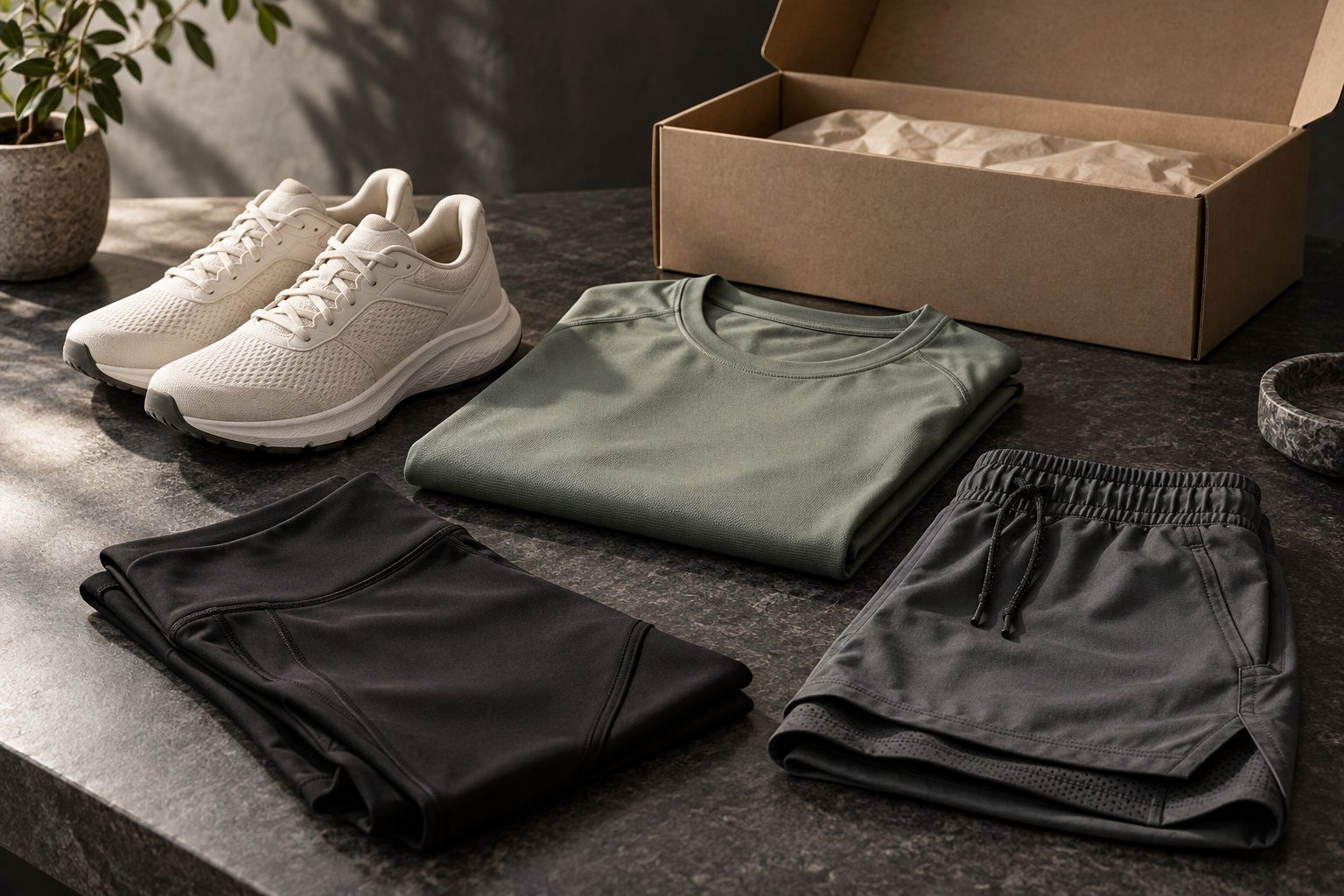 Composição conceitual de roupas fitness e embalagem para uma loja online